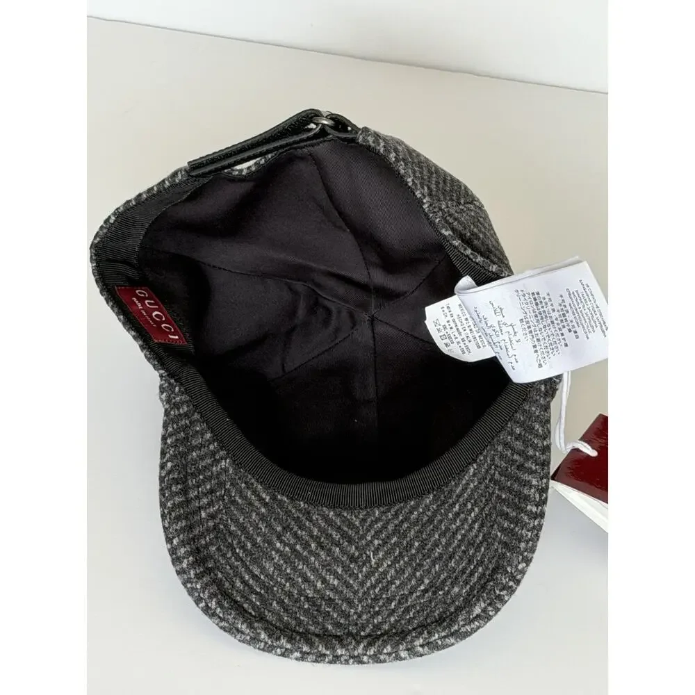 Gucci Herringbone Wool/Silk Baseball Hat Charcoal Logo Cap Size Large 817497 NWT